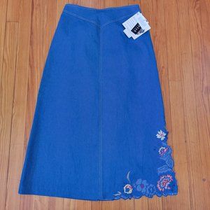 Napa Valley M‎ Blue Jean Denim Embroidered Skirt With Slit NWT Boho Modest